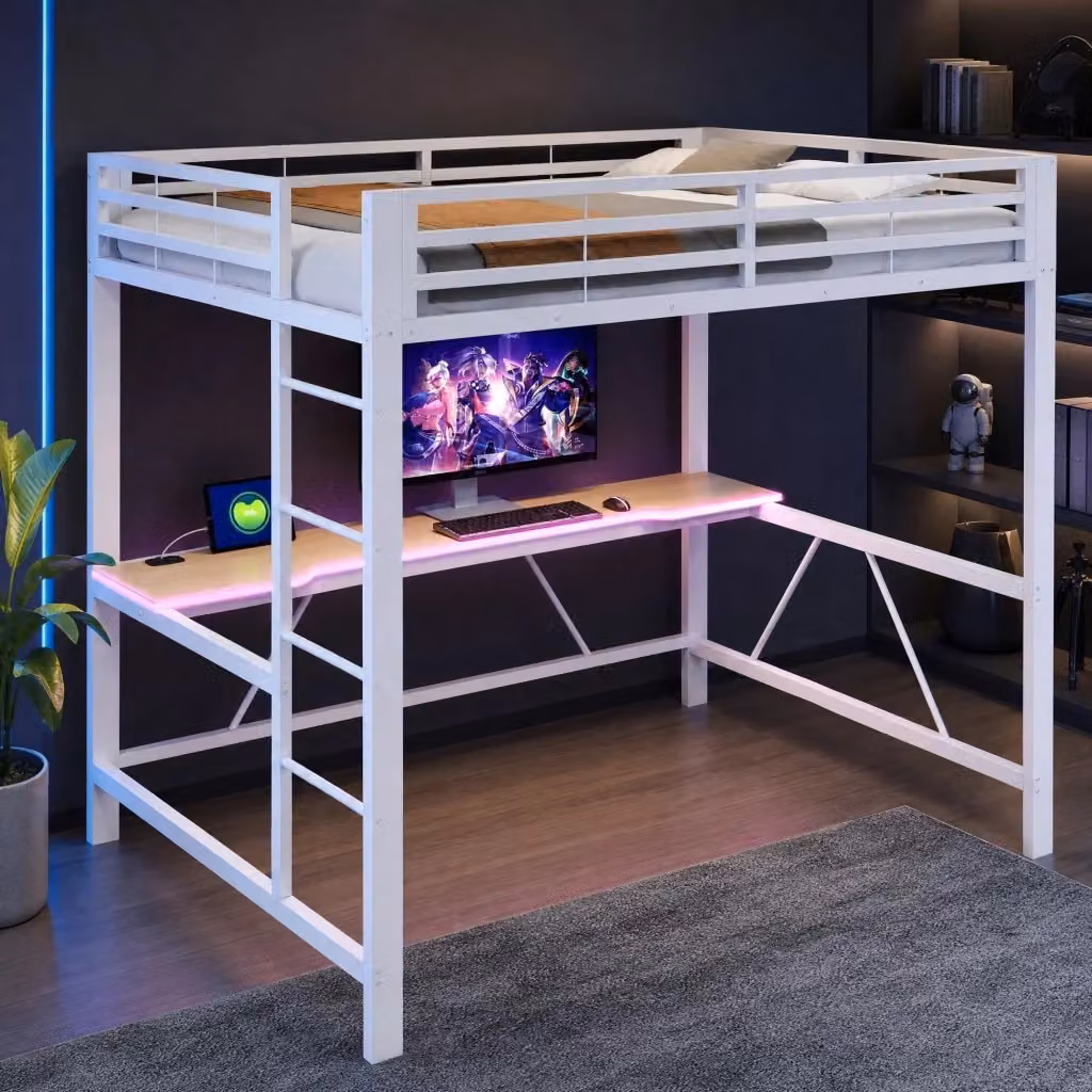 Letto a soppalco MIVRAY con scrivania integrata e illuminazione LED in metallo e MDF bianco L/P: 200 x 140 cm – 2