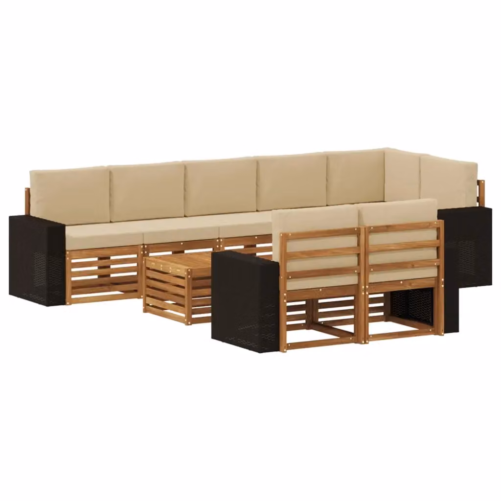 Set di divani da esterno a L con tavolino vidaXL in legno di acacia, colore beige e marrone, composto da 9 pezzi con cuscini inclusi – 2