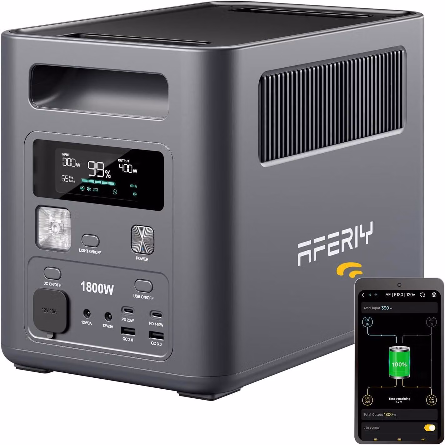 AFERIY 1800W Stazione di ricarica portatile 1024Wh LiFePO4 – Ricarica rapida in 1 ora, picco di 3600W, UPS, controllo tramite app, generatore solare