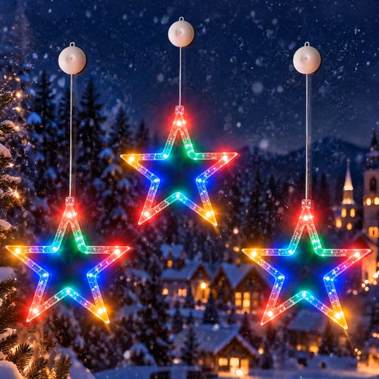 Set di 3 stelle a LED, con 10 LED per stella, tecnologia RGB, con timer, ideali per la decorazione di finestre