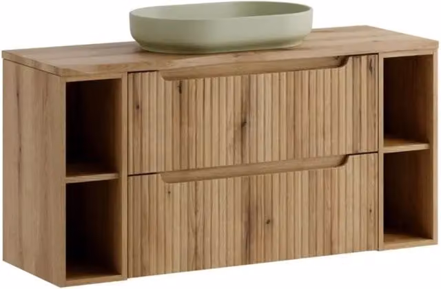 Set VANO in rovere chiaro 120cm: mobili sotto lavabo con cassetti e nicchie a vista + piano per lavabo + lavabo ovale da appoggio
