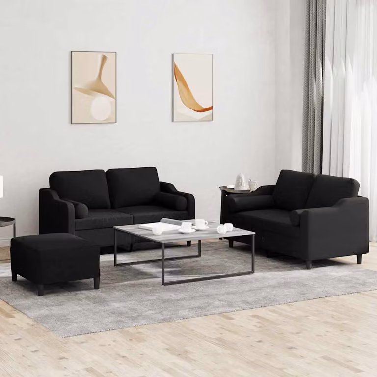 Set di divani da soggiorno vidaXL in tessuto nero con cuscini e struttura moderna