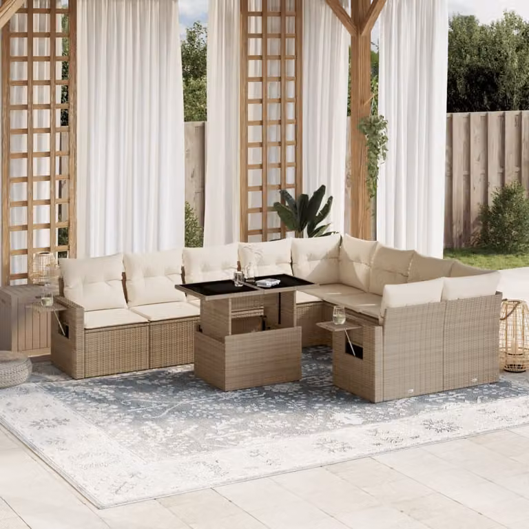 Set Divano da Giardino vidaXL 10 pz a Forma a L con Cuscini Beige e Tavolino in Polyrattan e Metallo