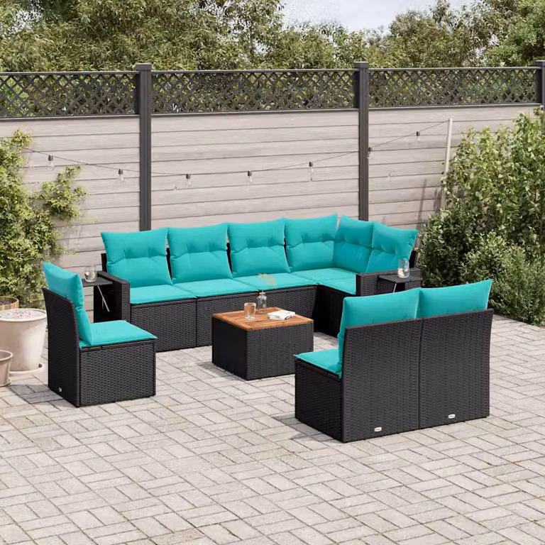 Set di divani da giardino vidaXL in polyrattan nero con cuscini, componibile a L per esterno e terrazza