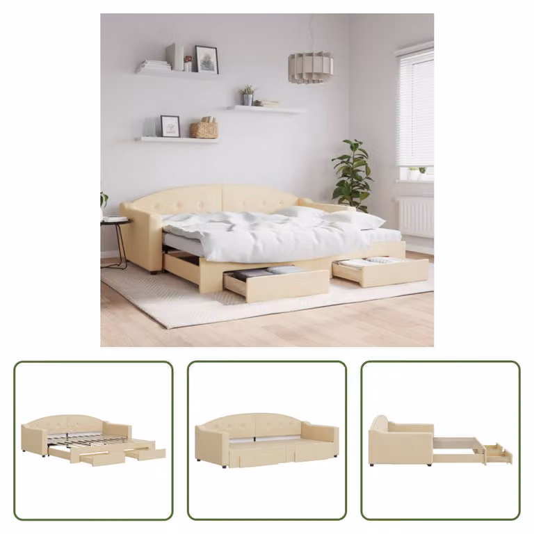 The Living Store letto da giorno allungabile con cassetti crema 90x200 cm in tessuto