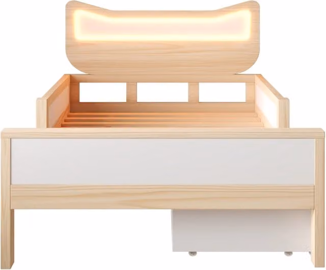 Letto per bambini 90x190 cm con testiera a orecchie di gatto, illuminazione LED RGB, rete a doghe e cassetto flessibile bianco e rovere