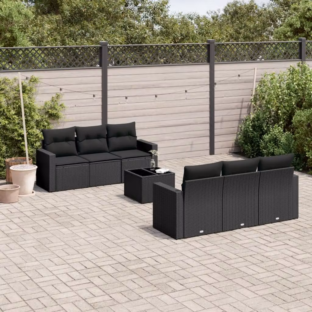 Set Divani da Giardino vidaXL in Polyrattan Nero con 7 Cuscini e Tavolino da Caffè – 1