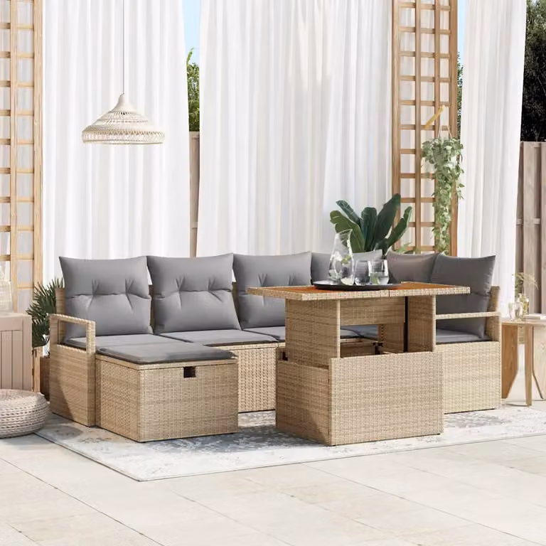 Set Divano da Giardino vidaXL 7 Pezzi in Polyrattan Beige con Cuscini e Tavolino