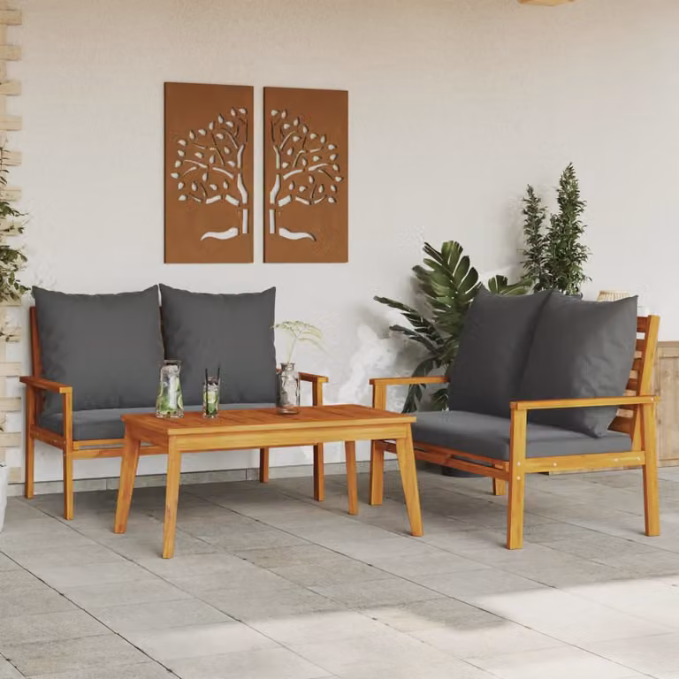 Set di mobili da giardino vidaXL in 3 pezzi in legno di acacia oliato con cuscini grigi e marroni