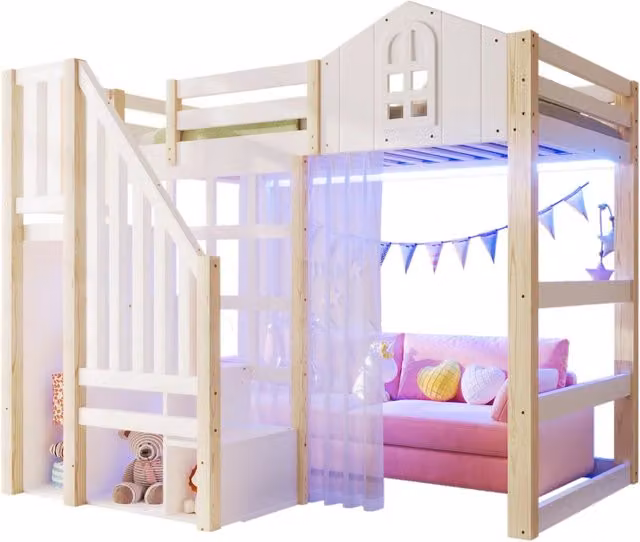 Letto a soppalco per bambini 90×200 cm 1 posto con LED, scala contenitore e barriera, senza materasso, bianco e naturale