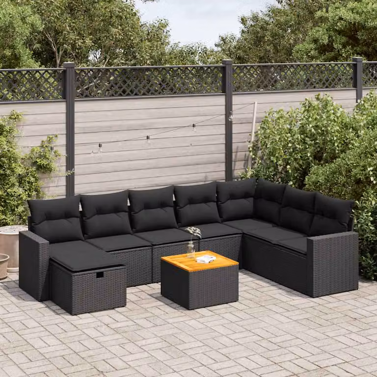 Set di divani da giardino vidaXL in polyrattan nero e marrone con 9 pezzi e cuscini inclusi