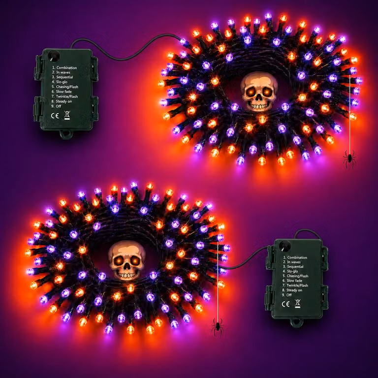 Set di 2 catene luminose a tema Halloween, lunghezza 5 metri, 50 LED, colore arancione/viola, con timer, grado di protezione IP65