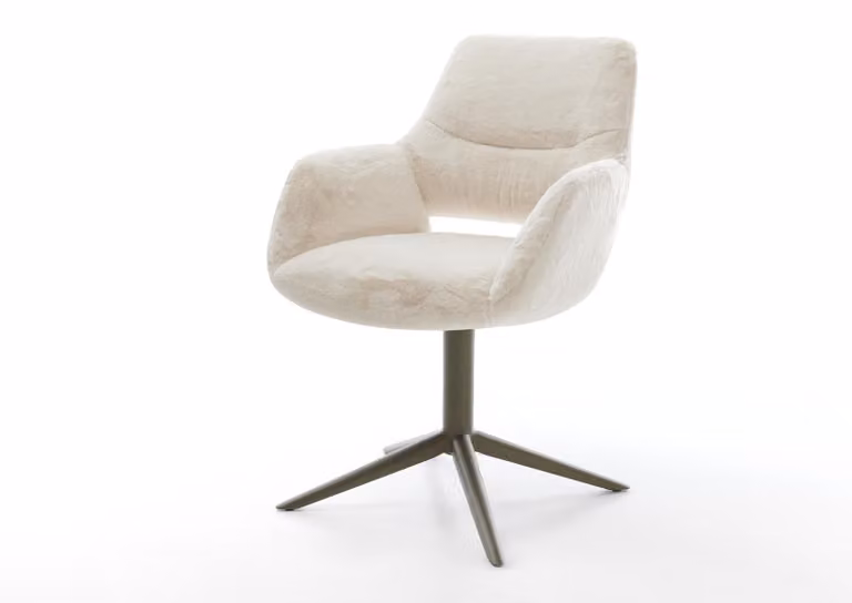 Sedia girevole DELIFE Yago-Flex con braccioli, rivestimento in peluche bianco crema, base a croce con finitura effetto titanio, rotazione a 360°, funzione oscillante, molle insacchettate
