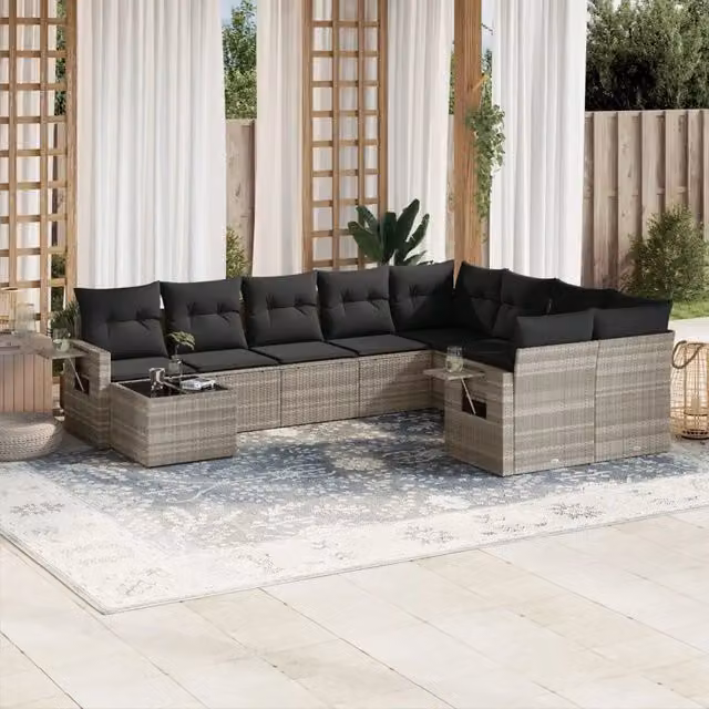 Set Divano Giardino 10 pz con Cuscini Grigio Chiaro Polyrattan 3252999