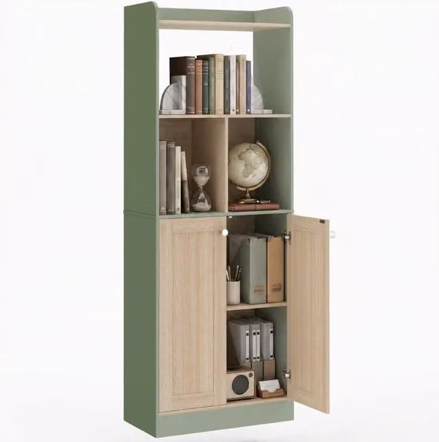 Libreria Xylo con 5 ripiani e 2 ante in legno naturale e verde L 60 cm, P 30 cm, H 161 cm