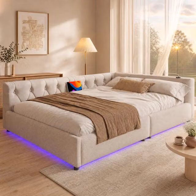 Divano letto 140 x 200 cm in lino con rete a doghe; LED a 7 colori; USB/Type-C; beige
