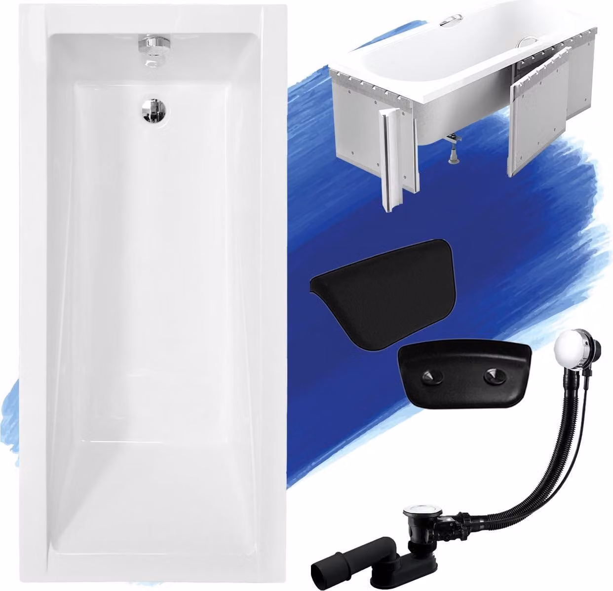 Set vasca rettangolare 5in1 150x70 con set di scarico premium e piedini GRATIS + rivestimento (polistirolo) + poggiatesta nero | BADLAND MODERN