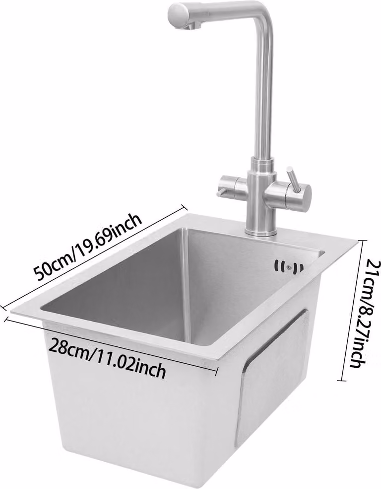 Lavello da cucina - Vasca singola 50×28 cm - Da incasso - Con rubinetteria - Acciaio inossidabile 304 - Profondità vasca 21 cm - Finitura PVD lucida - Argento