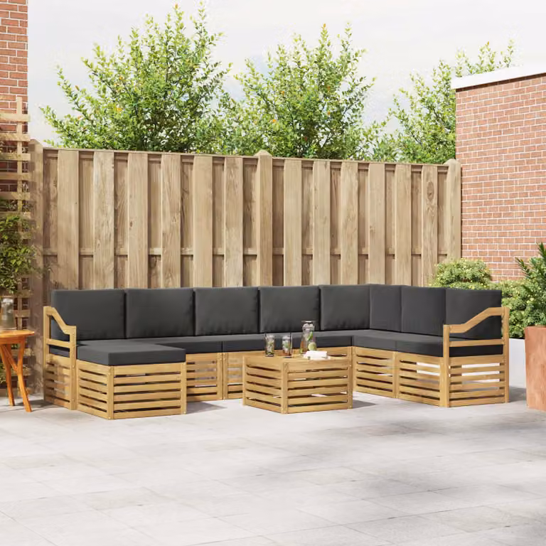 vidaXL Set di divani da esterno 9 pz in legno di acacia con cuscini, Bianco, Antracite e Marrone