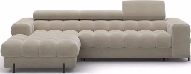 Divano angolare sinistro convertibile MEUBLORAMA in velluto beige con funzione letto e poggiatesta regolabile L/P/H: 285 x 99 x 181 cm