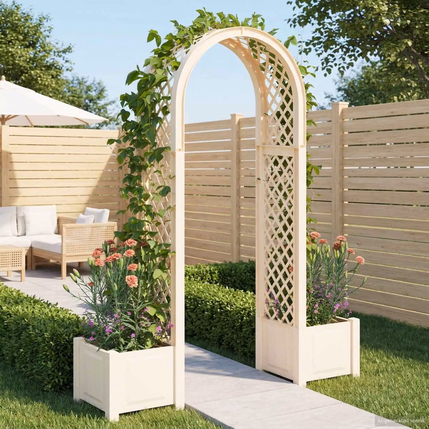 Arco per rose con vaso vidaXL in plastica bianca, L: 168,5 cm, P: 43 cm, H: 207 cm