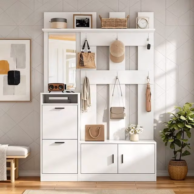 Mobile da ingresso con scarpiera a 2 ante ribaltabili, specchio, 6 ganci e seduta, bianco, 120 × 30 × 180 cm