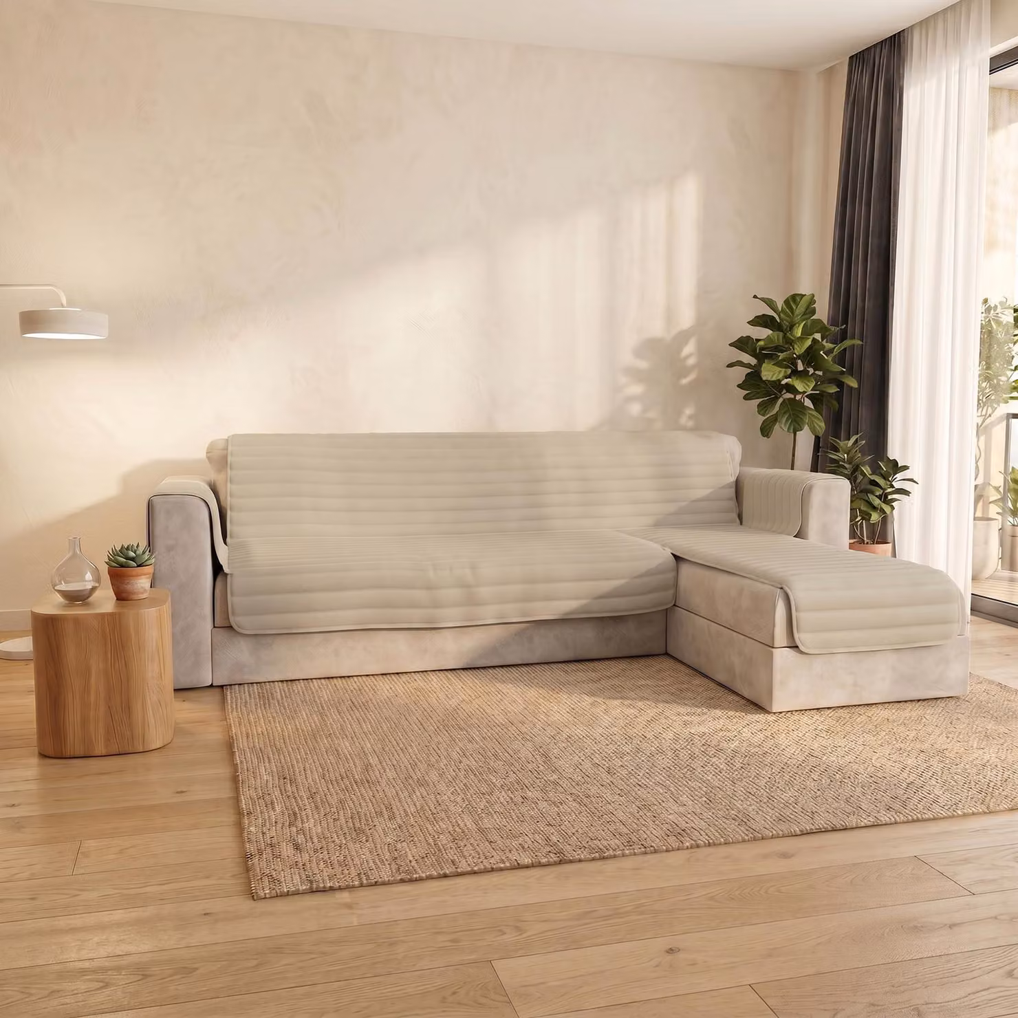 Copertura imbottita reversibile per divano a penisola, color crema, 240 cm