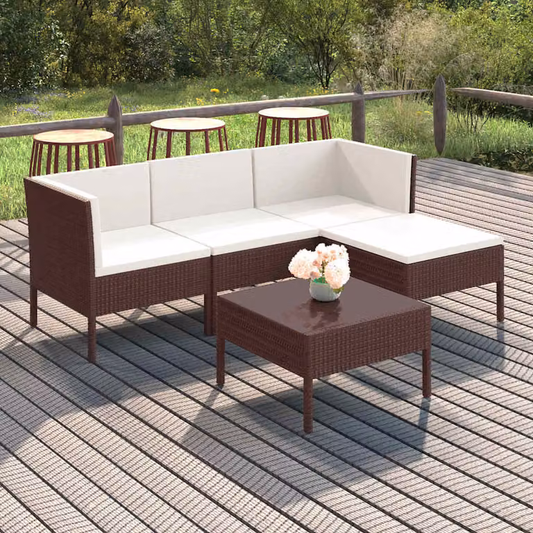 Set Divani da Giardino vidaXL 5 pz a Forma a L con Tavolino e Ottoman, Polyrattan Marrone e Bianco con Cuscini Inclusi
