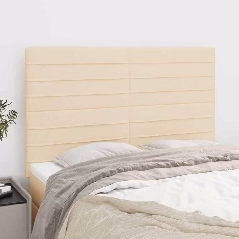 Testiera per letto vidaXL in tessuto beige con struttura in legno e MDF, L: 144 cm, P: 5 cm, H: 118/128 cm
