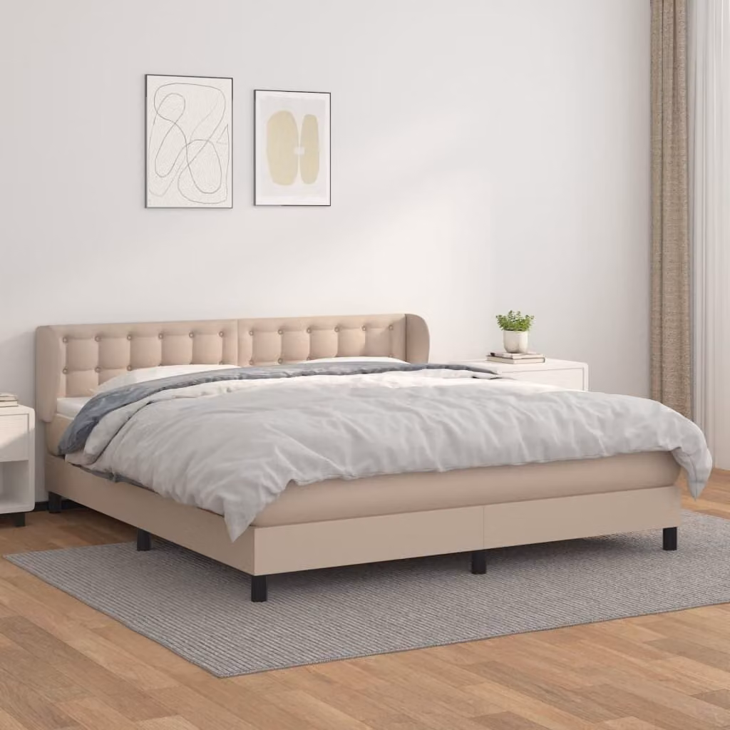 Letto con boxspring e materasso, colore cappuccino, dimensioni 180x200 cm, rivestito in ecopelle