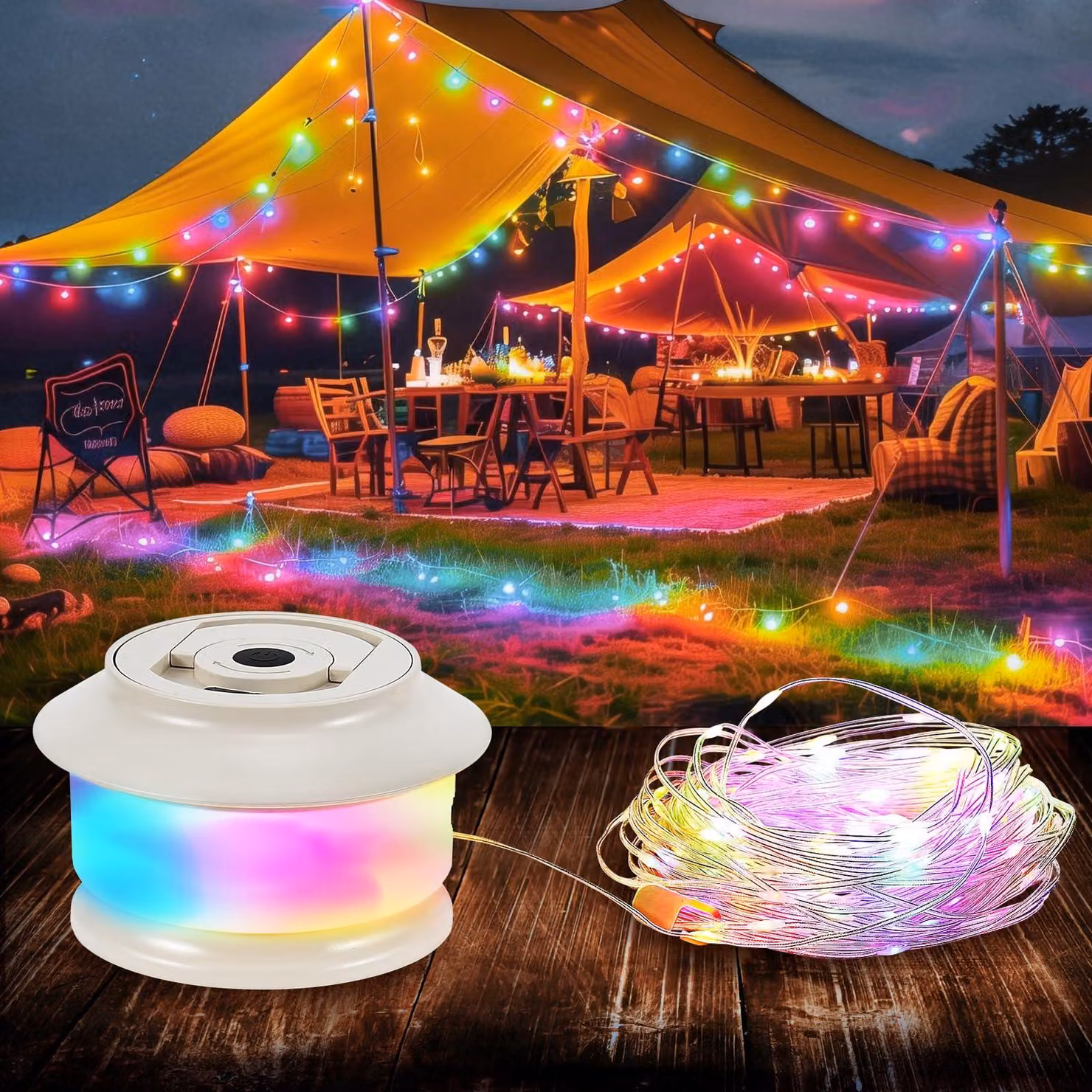 Catena luminosa da campeggio arrotolabile, 20 metri, 5 modalità, alimentazione USB, grado di protezione IPX4