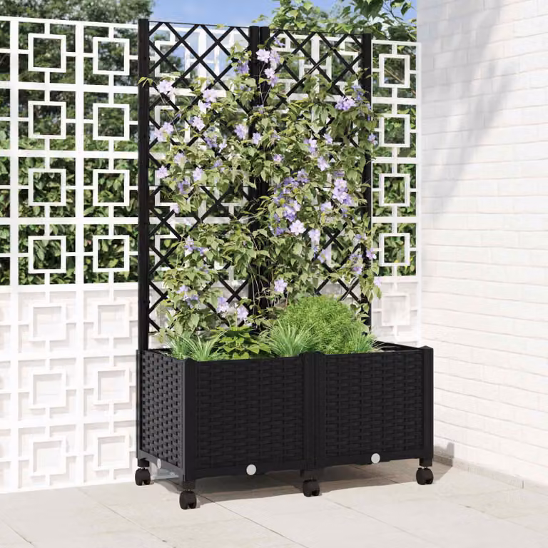 Vaso da giardino con grigliato e ruote vidaXL, Nero, L: 80 cm, P: 40 cm, H: 146 cm