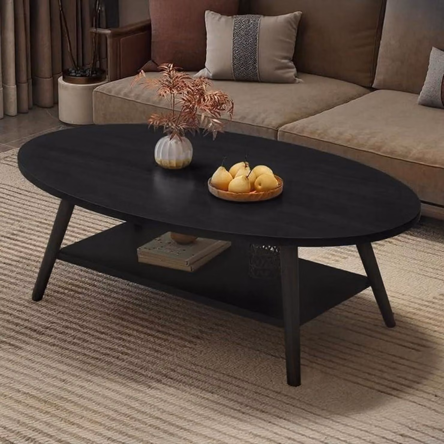 Tavolino rotondo con due ripiani, tavolo da divano con spazio contenitivo, struttura in metallo e piano in legno massello, colore nero
