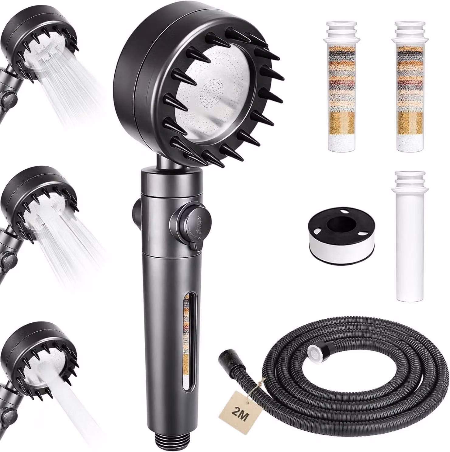 Doccia manuale con filtro, 3 getti, tubo da 2 metri, colore grigio, per bagno