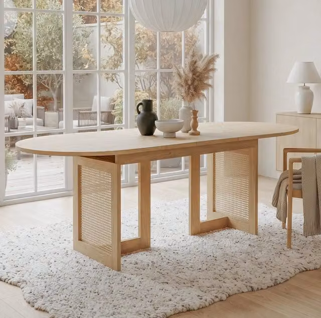 Tavolo da pranzo allungabile 150/200x90 cm in MDF color rovere con rattan