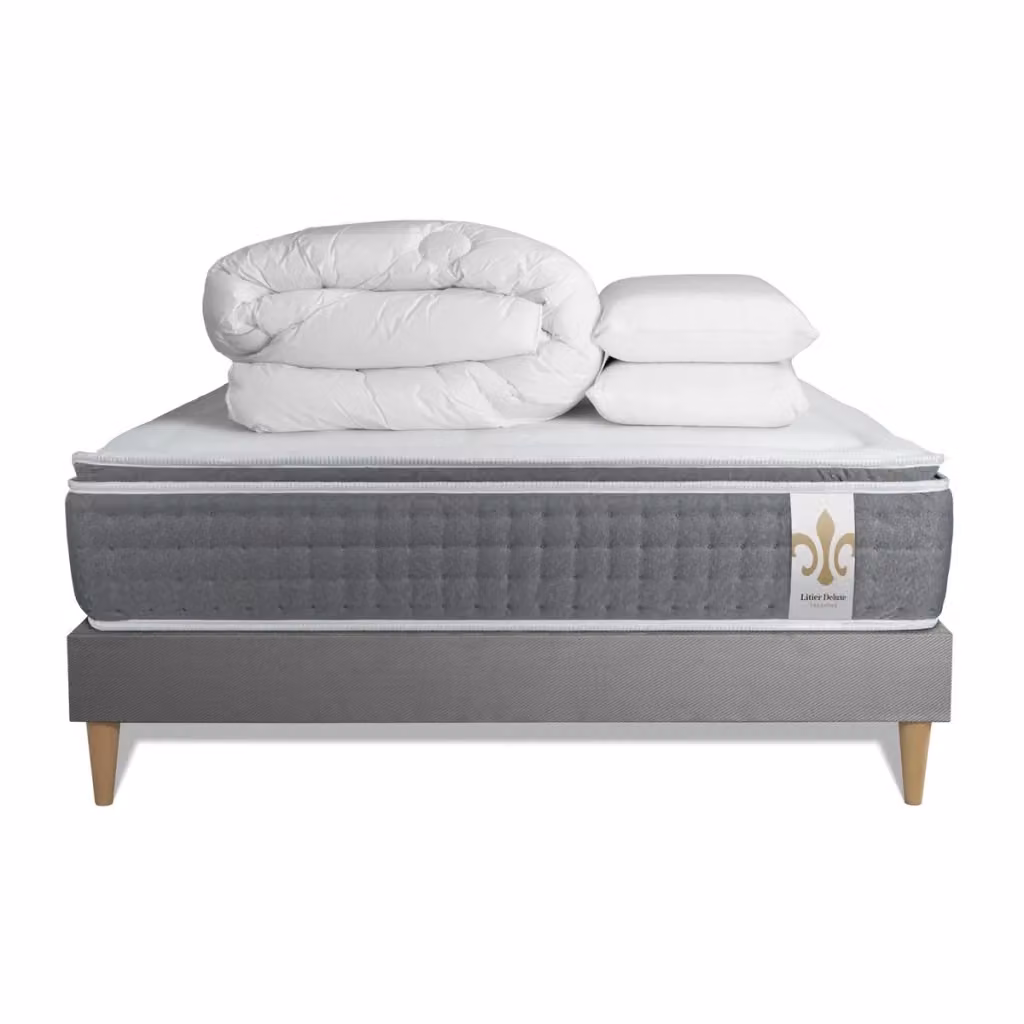 Pacchetto letto completo Vingt-Six PLUS Litier Deluxe Tradition con materasso ibrido a molle pocket, box spring imbottito, 2 cuscini e piumino, colore grigio, L/P: 180 x 200 cm – 2