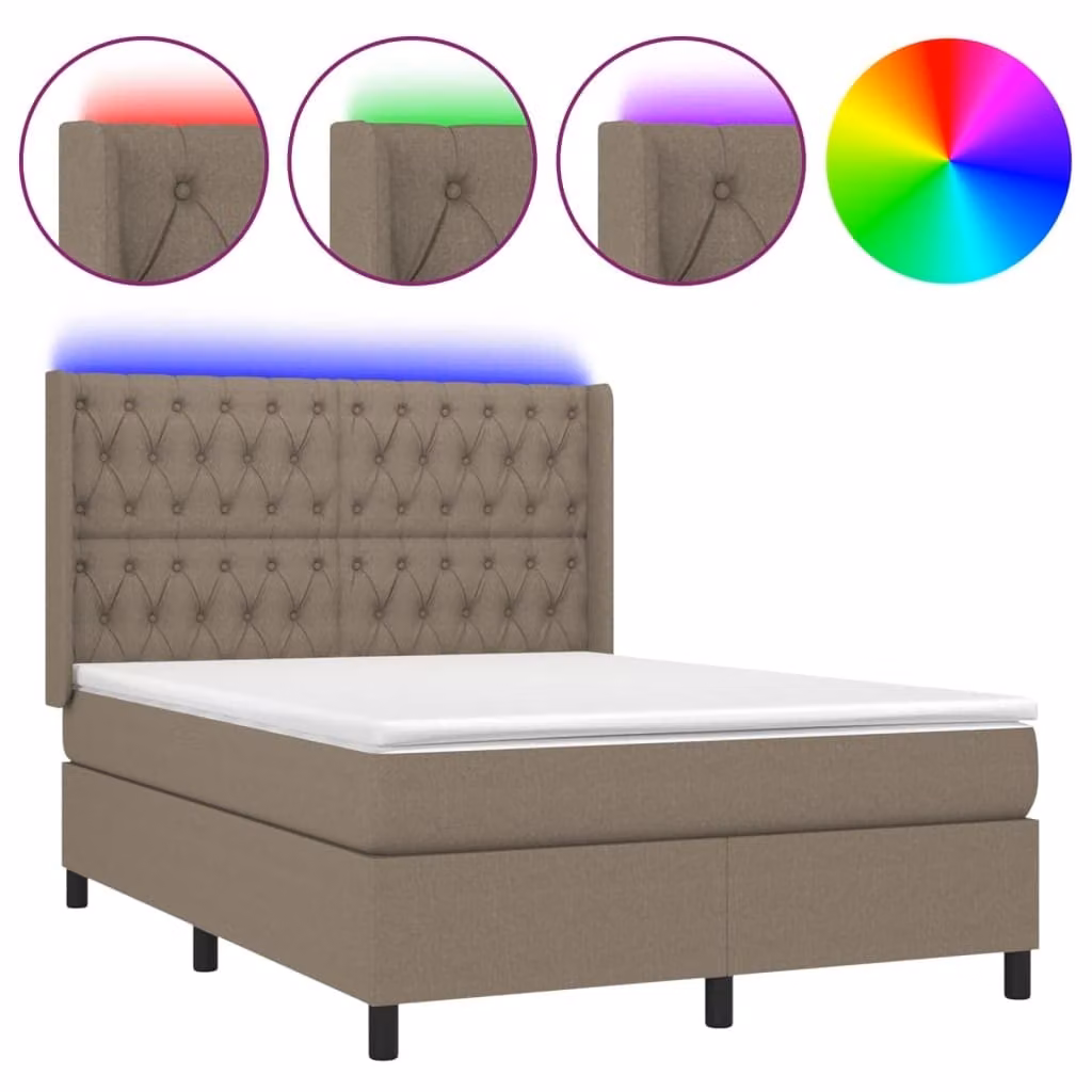 Letto a Molle con Materasso e LED Tortora 140x200 cm in Tessuto