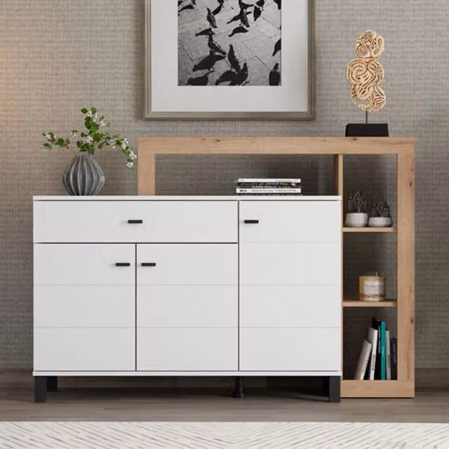 Madia DMORA con ante scorrevoli e ripiani interni, design moderno, Bianco e Brown, L: 145 cm, P: 35 cm, H: 101 cm – 1