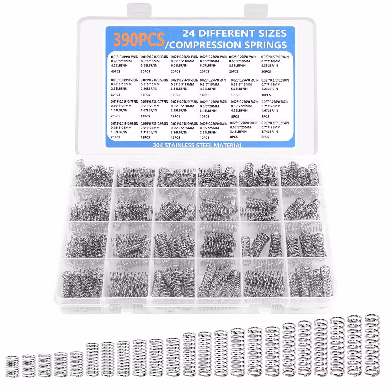 Set di molle a compressione, 390 pezzi, 24 dimensioni, acciaio inossidabile 304, per progetti fai-da-te