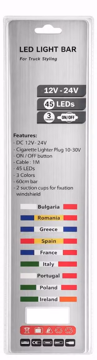 Barra luminosa a LED, 60 cm, 45 LED, 12V - 24V, nera, rossa e gialla, con motivo della bandiera tedesca