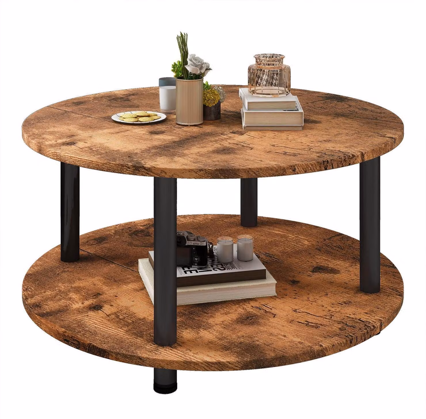 Tavolino rotondo con 2 ripiani, tavolino da soggiorno, 60 x 60 x 48,5 cm, colore marrone vintage/nero