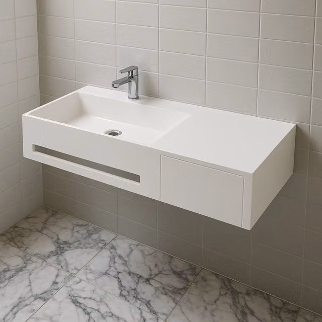 Lavabo in artificial stone bianco opaco matt modello alex sospeso con porta salviette *** confezione 1