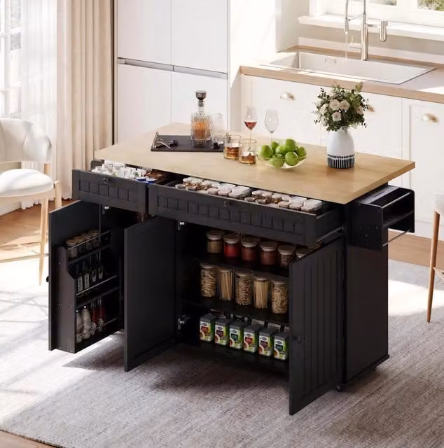 Isola cucina nera con piano lavoro ribaltabile, carrello con 6 ruote bloccabili, 2 cassetti e scaffali, 137 x 89,5 x 45 cm