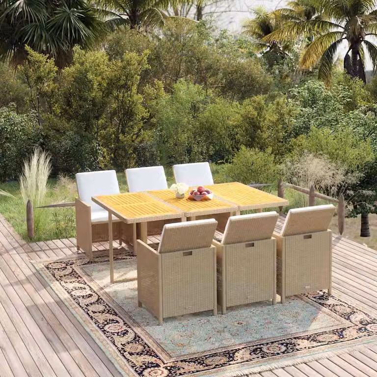 Set da pranzo da giardino vidaXL in polyrattan e legno di acacia con 7 pezzi e cuscini beige e bianchi