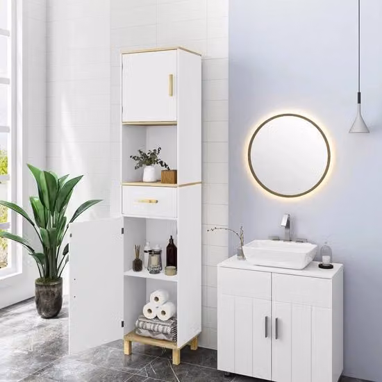 Cassettone da bagno - Cassetto da bagno autonomo con 5 contenitori - 39X179X30Cm - Arredo da bagno - Cassetto da bagno con porte - Bianco