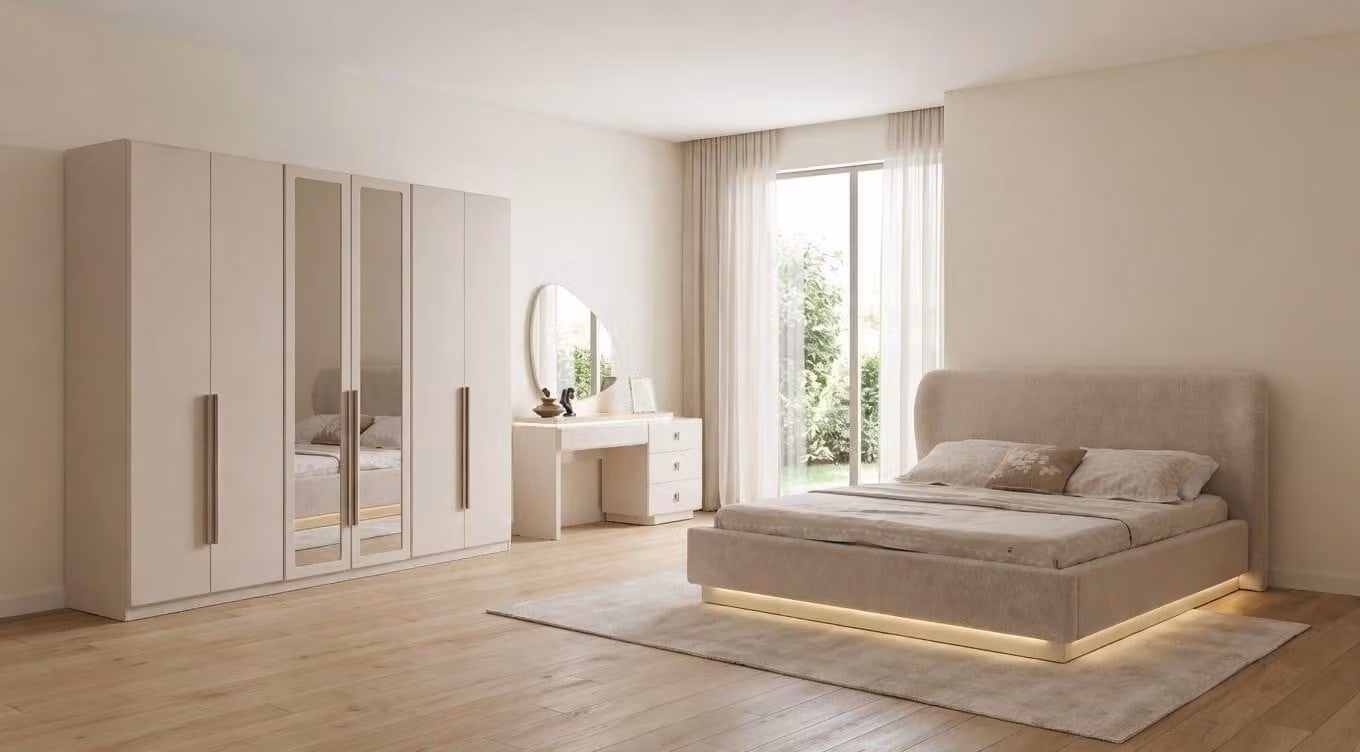 Set completo per camera da letto elegante, color beige, composto da: armadio a 6 ante e letto imbottito con illuminazione LED