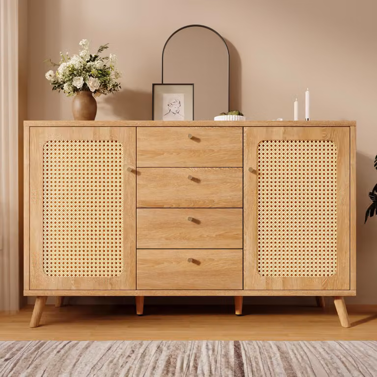 Comodino Flieks con 4 cassetti e 2 ante, credenza in rattan per il soggiorno con ripiani regolabili, rovere chiaro