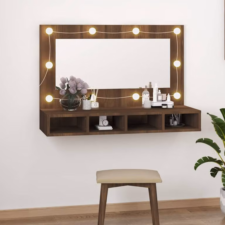 Armadietto da bagno con specchio e illuminazione LED vidaXL in rovere marrone L: 90 cm, P: 31,5 cm, H: 62 cm