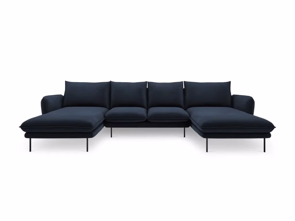 Divano panoramico Vienna di Cosmopolitan Design a 6 posti in velluto blu scuro con forma a U e struttura in metallo – 2