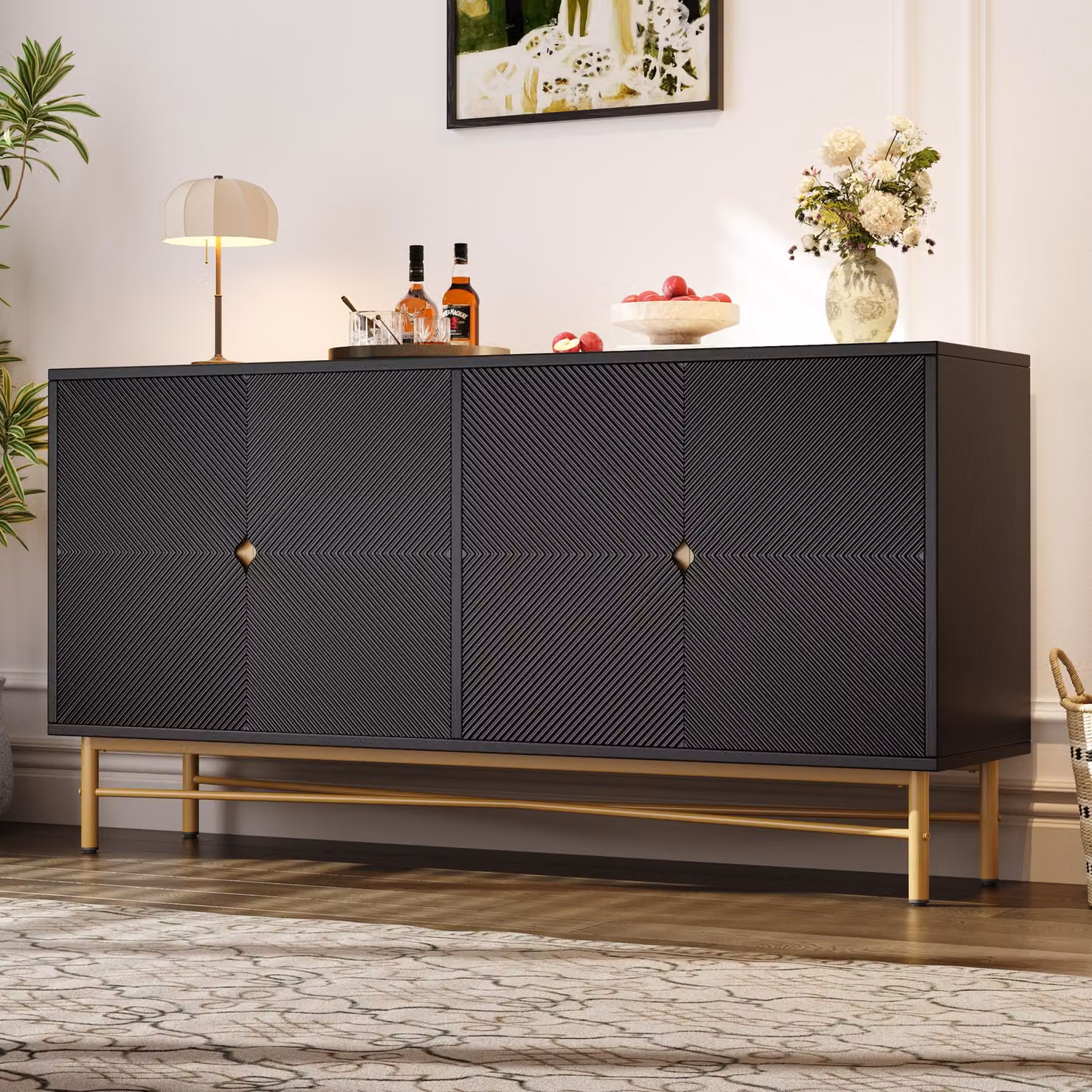 Cassettiera Merax 160 cm, credenza con 4 ante, gamba dorata, ripiani regolabili, credenza per soggiorno e sala da pranzo, nero